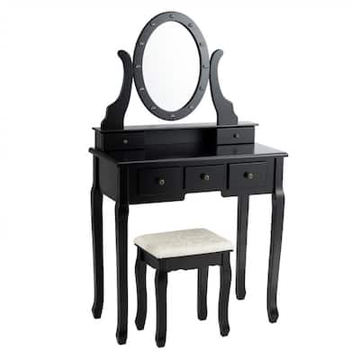 Black Makeup Vanities Bedroom, Black Vanity Set With Lighted Mirror And Stool