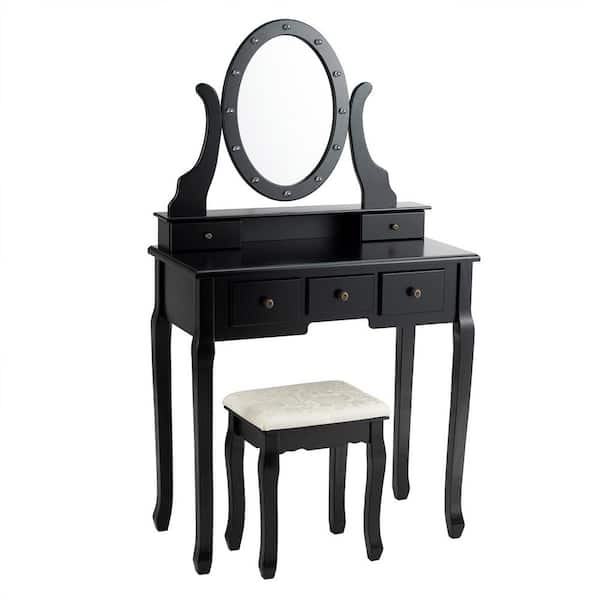 Costway Black Wood Vanity Set Makeup, Dressing Table Makeup Vanity Set With Lighted Mirror Cushioned Stool