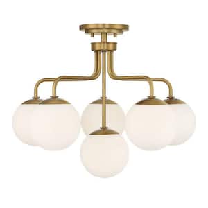 Marco 24 in. W x 18.25 in. H 6-Light Warm Brass Semi-Flush Mount with White Glass Globe Shades