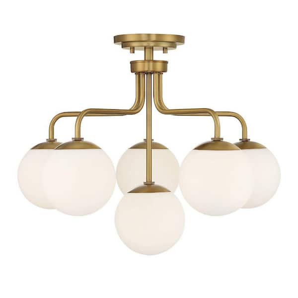 Marco 24 in. W x 18.25 in. H 6-Light Warm Brass Semi-Flush Mount with White Glass Globe Shades