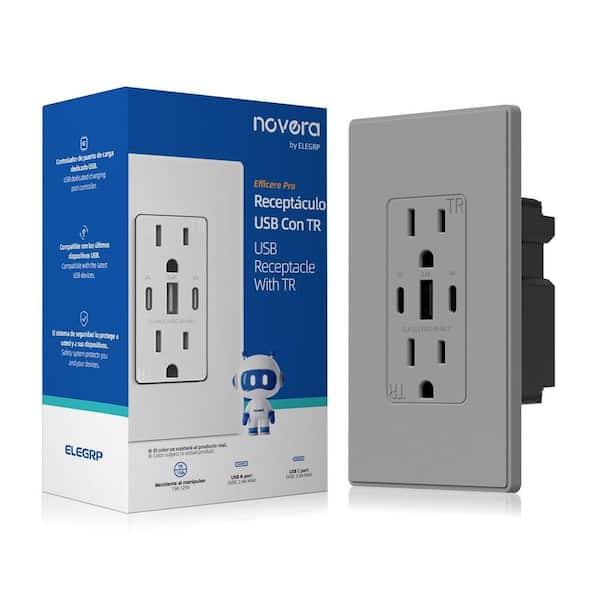 30W 6.0 Amp 3-Port USB Wall Outlet 15A Duplex Receptacle with Dual Type C and A Ports, w/ Wall Plate, Matte Grey 1-Piece