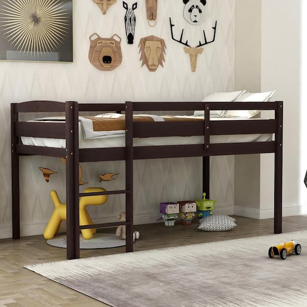 Harper & Bright Designs Espresso Twin Size Wood Low Loft Bed with Ladder