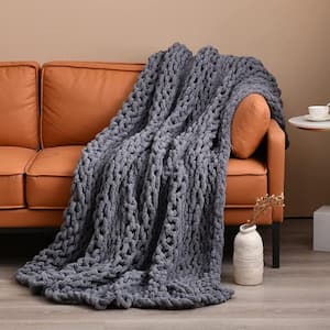 Dark Grey Chunky Knit Blanket Premium Soft Chenille Throw Blanket for Cuddling Up in Bed, Cozy Sofa Chair Decor Mat
