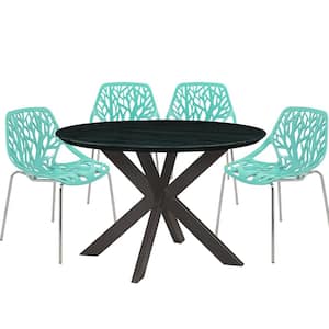 Ravenna 5-Piece Dining Set with 4-Stackable Plastic Chairs and Round Table with Geometric Base, Mint