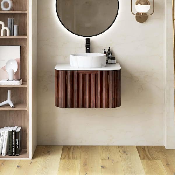 24 in. Wall Mounted Single Sink Dark Walnut Bath Vanity with White Engineered Marble Top Pre-assembled
