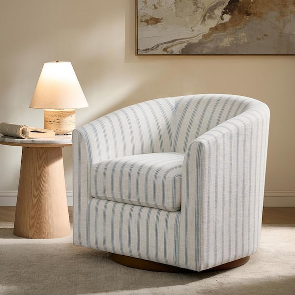 Teeny Blue Modern Genuine Leather Swivel Barrel Chair with Solid Wood Base