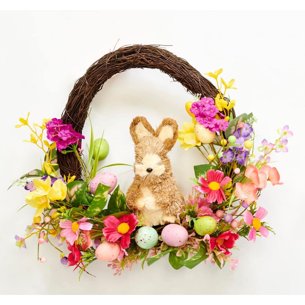 18 in Easter Eggs, Flowers and Bunny Sitting on Half Wreath