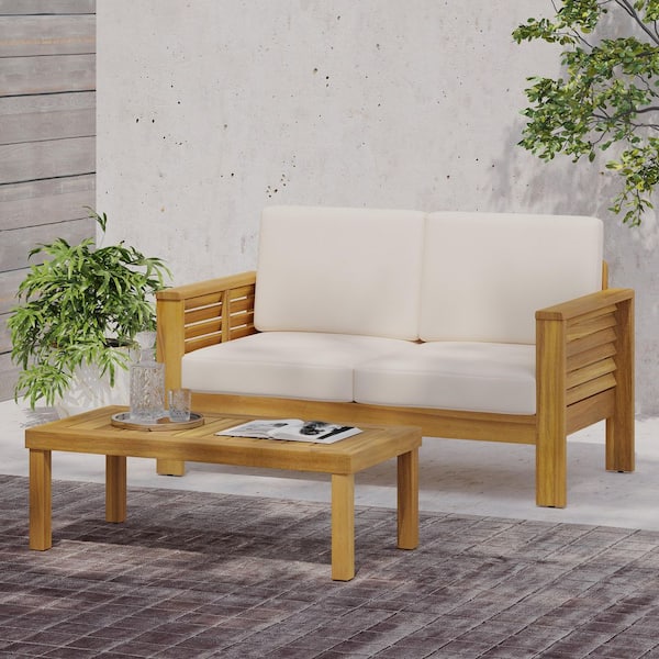 Teak Acacia Wood Outdoor Loveseat with Cream Cushions and Coffee Table Set