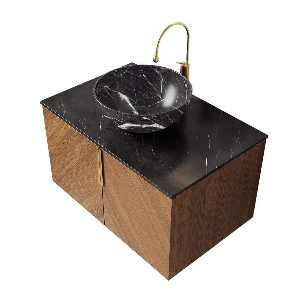 30 in. Single Sink Bath Vanity with Brown Oak Plywood Storage Cabinet, Double Doors, Black Bowl Ceramic Basin Top price history on PriceWatchPro