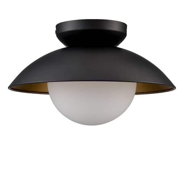 CLAXY 11 in. 1-Light Black Modern Semi-Flush Mount with Frosted Glass Shade and No Bulbs Included