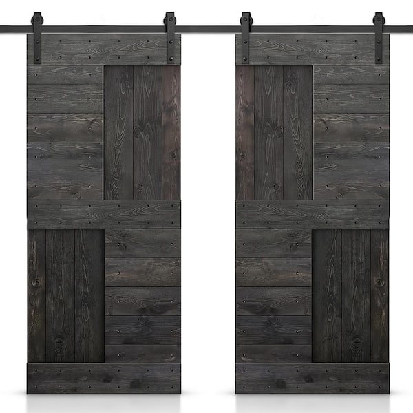 CALHOME 48 in. x 84 in. Charcoal Black Stained DIY Knotty Pine Wood Interior Double Sliding Barn Door with Hardware Kit