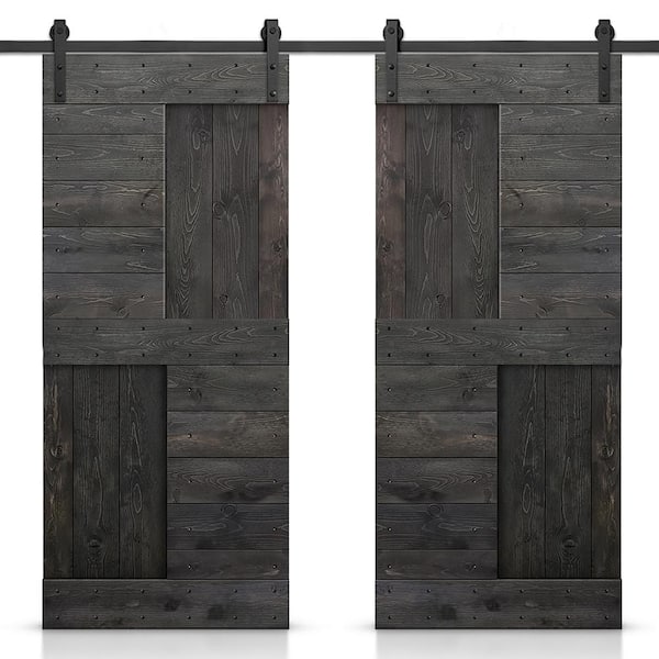 CALHOME 72 in. x 84 in. Charcoal Black Stained DIY Knotty Pine Wood Interior Double Sliding Barn Door with Hardware Kit