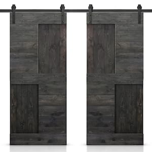 76 in. x 84 in. Charcoal Black Stained DIY Knotty Pine Wood Interior Double Sliding Barn Door with Hardware Kit