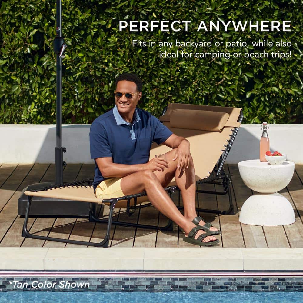 Warm Taupe Powder-Coated Steel Folding Outdoor Chaise Lounge Chair