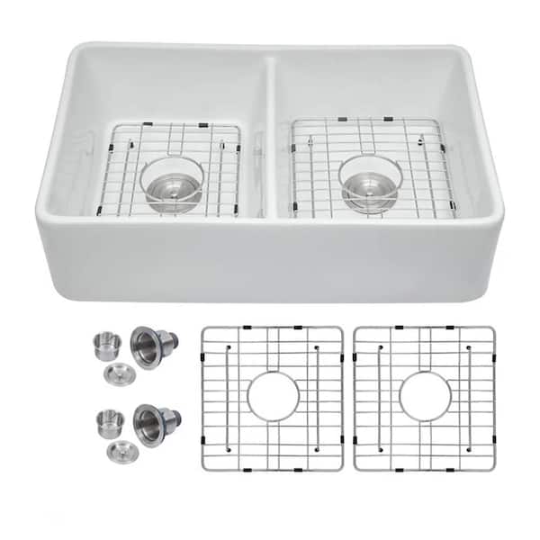 Logmey 32 in. Farmhouse Double Bowl 50/50 White Fireclay Kitchen Sink with Bottom Grids
