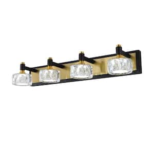 27.6 in. 4-Light Black Brass LED Bathroom Vanity Light Over Mirror Bath Wall Lighting Fixtures with Crystal Shades