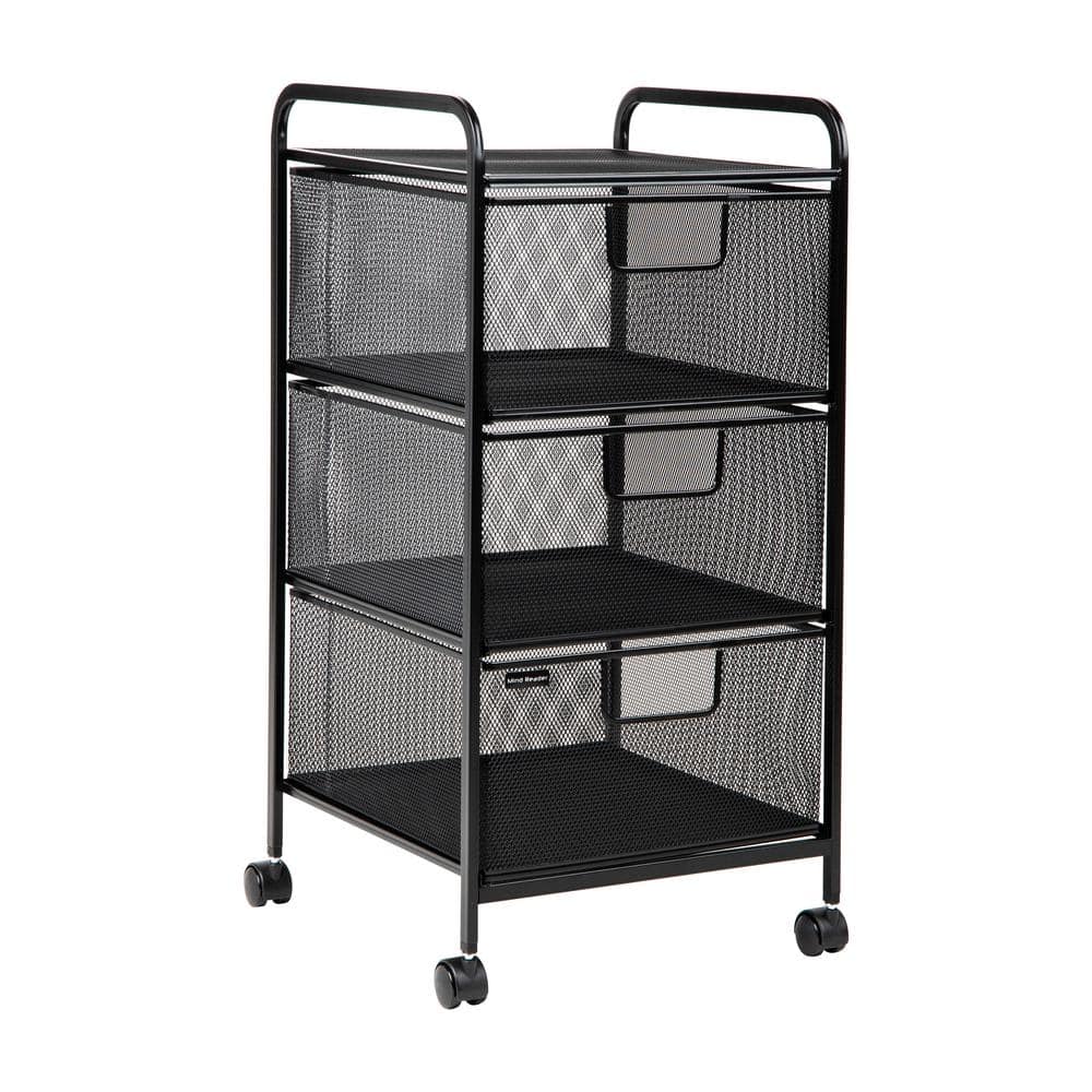 Black Metal Mesh 3-Drawer Rolling Storage Trolley