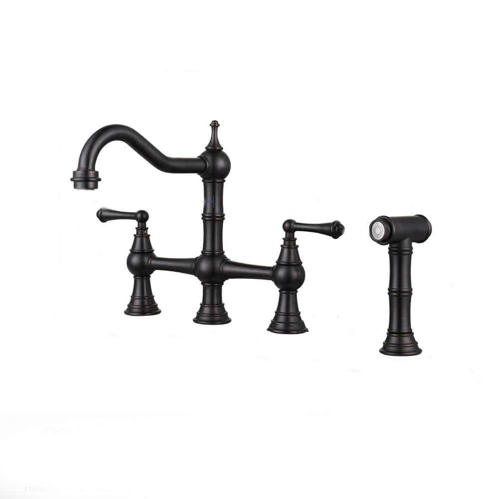 Oil Rubbed Bronze Double Handle Bridge Kitchen Faucet with Side Sprayer
