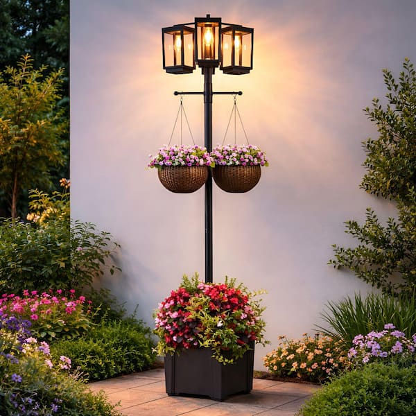 3-Lights Black Stainless Steel Dusk to Dawn Solar Outdoor Waterproof Post Light Set with E26 LED Bulb Included