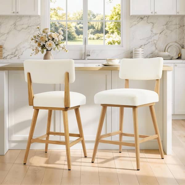 Rilo 39 in. Fabric Cream Counter Stool Solid Wood Frame and Foot Rest for Dining Room (Set of 2)