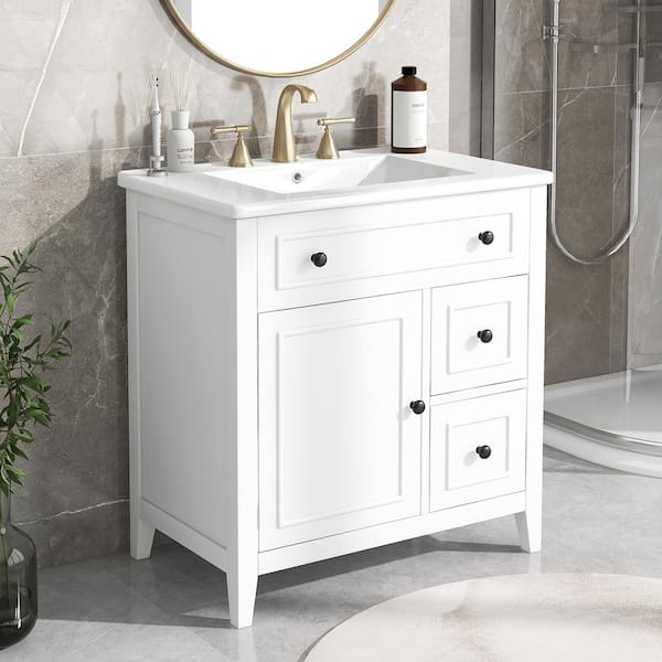 Staykiwi 30 in. W x 18.3 in. D x 32.5 in. H Single Sink Freestanding Bath Vanity in White with White Ceramic Top