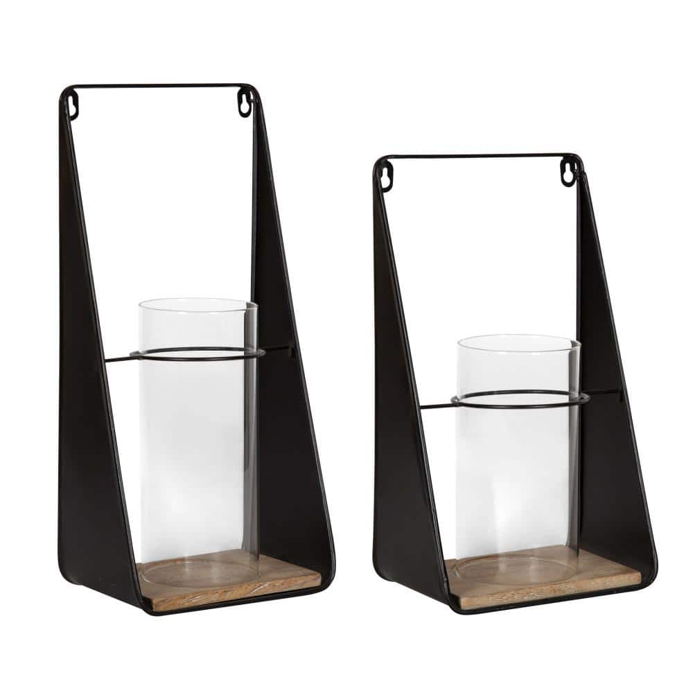 Black and Natural Wood Wall Sconce Set with Glass Chimney