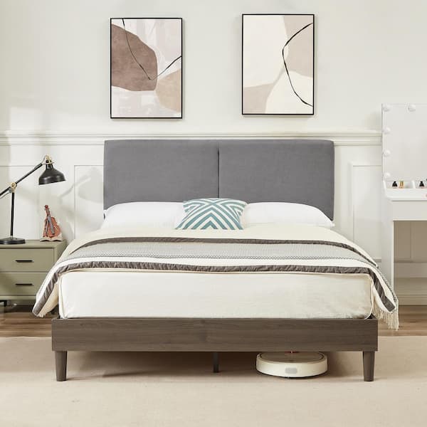 VECELO Upholstered Bed Frame with Linen Fabric Headboard Strong Wood Slats Supports Platform Bed Queen Size Bed Gray KHD QB09 DGRY The Home Depot