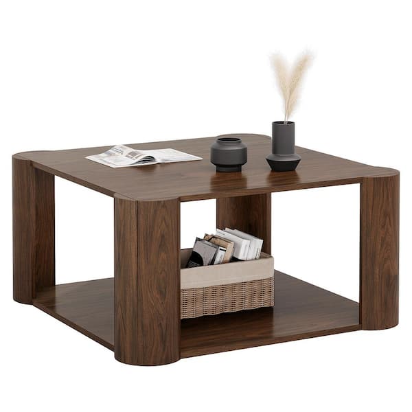 BYBLIGHT Allan 33.85 in. Rustic Brown Square MDF Coffee Table with 2-Tier Shelves, Accent Center Table for Living Room
