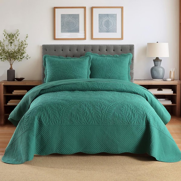 MarCielo T-Monica 3-Piece Emerald Embroidery 100% Cotton Lightweight Queen Size Quilt Bedspread Set