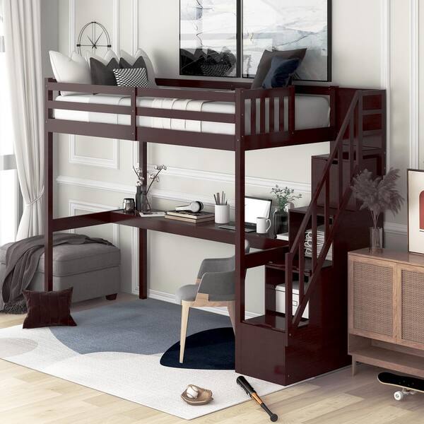 Qualfurn Espresso Twin Size Loft Bed, Staircase Twin Bunk Beds Dimensions