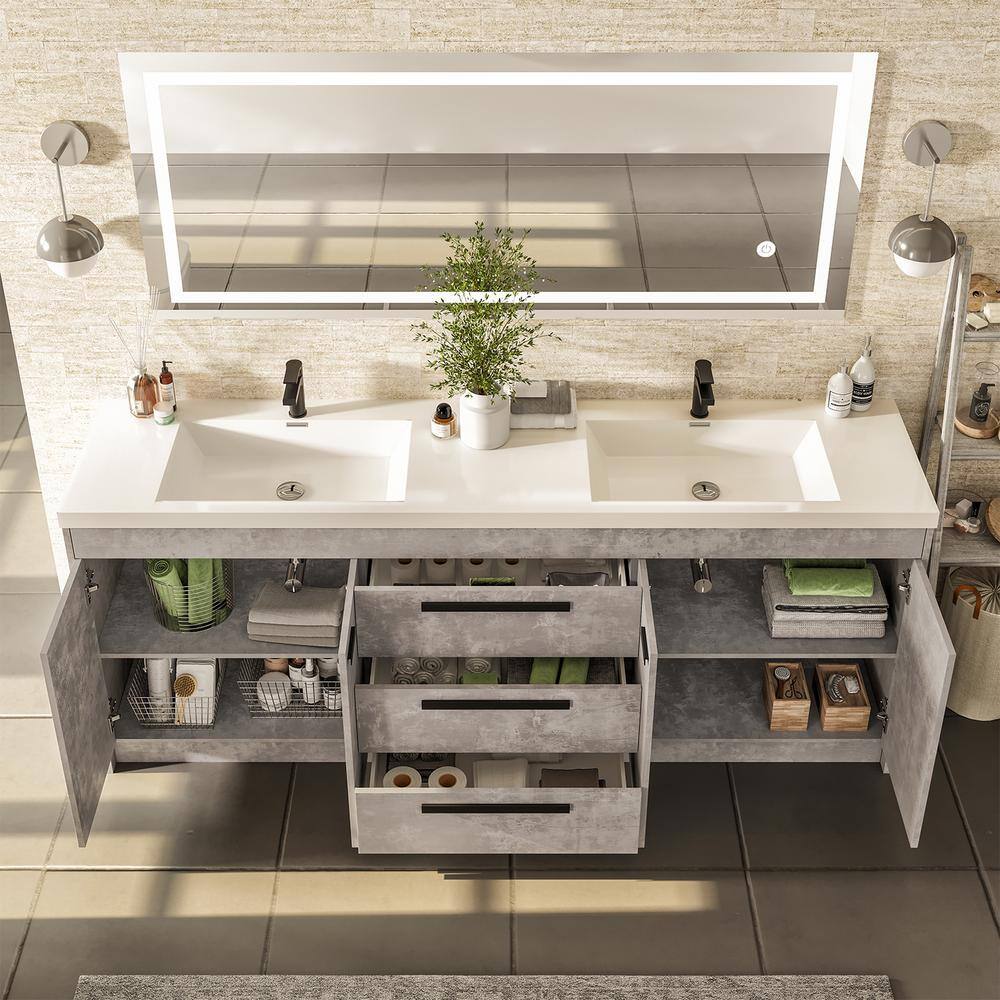 Cement Grey Double Sink Freestanding Bathroom Vanity with Acrylic Top