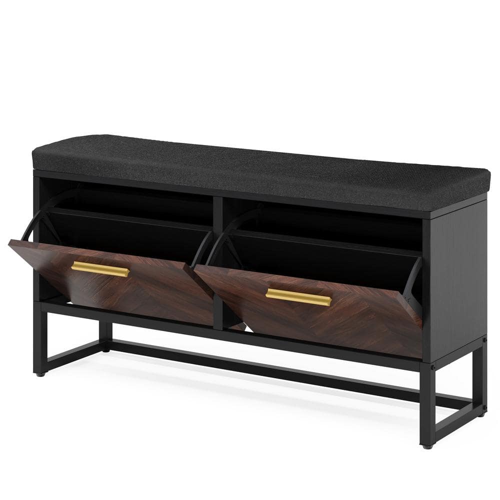 24 in. H x 39 in. W Brown and Black Wood Shoe Storage Bench with Seat Cushion, Entryway Shoe Bench with 2 Flip Drawers
