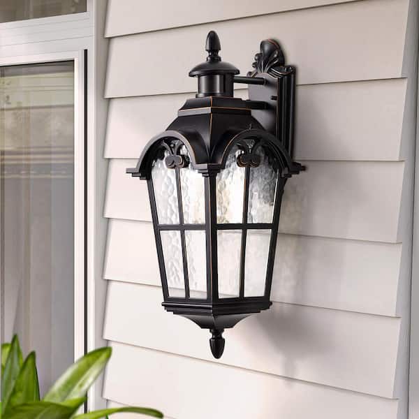 EDISHINE 20.2 in. Large Size Black Motion Sensing Dusk to Dawn Outdoor Hardwired Wall Lantern Scone with Water Ripple Glass