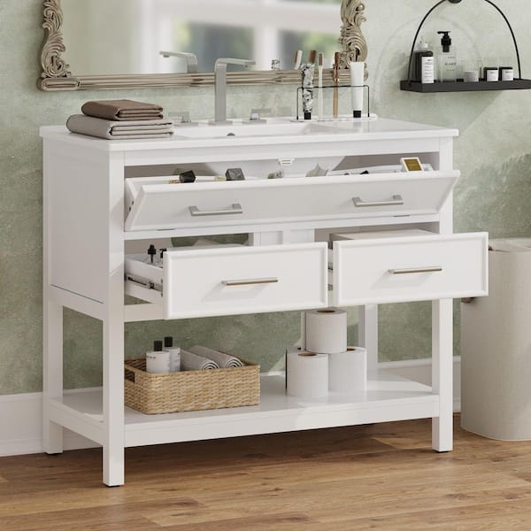 36 in. Freestanding White Bath Vanity with White Ceramic Top, 3 Drawer, Open Shelf Bathroom Storage Cabinet Unassembled