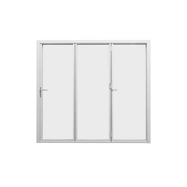 108 in. x 80 in. Right Center Opening/Outswing Double Tempered Glass White Aluminum Folding Patio Door