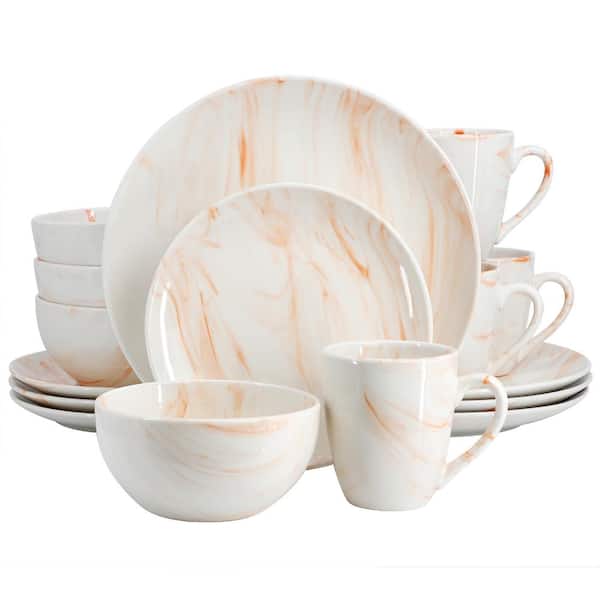 Elama Fine Marble 16-Piece Porcelain Dinnerware Set in Orange
