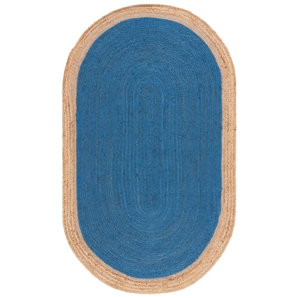 SAFAVIEH Natural Fiber Royal Blue/Beige Doormat 3 ft. x 4 ft. Woven Ascending Oval Area Rug