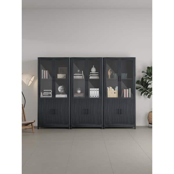 Manhattan Comfort Jodie 67.6 in. Tall Mid-Century Modern Charcoal Grey Composite Wood 6-Shelf Bookcase with Glass Doors (Set of 3)