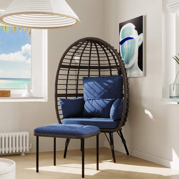 Unbranded Brown PE Rattan Wicker Egg Chair with Blue Cushion and Footrest, Outdoor Lounger for Patios, Living Room