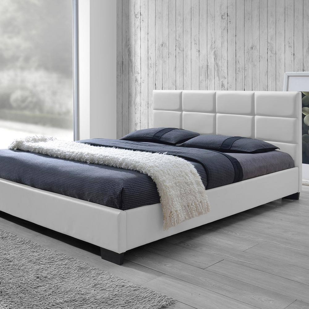 White Queen Faux Leather Upholstered Platform Bed with Tufted Headboard
