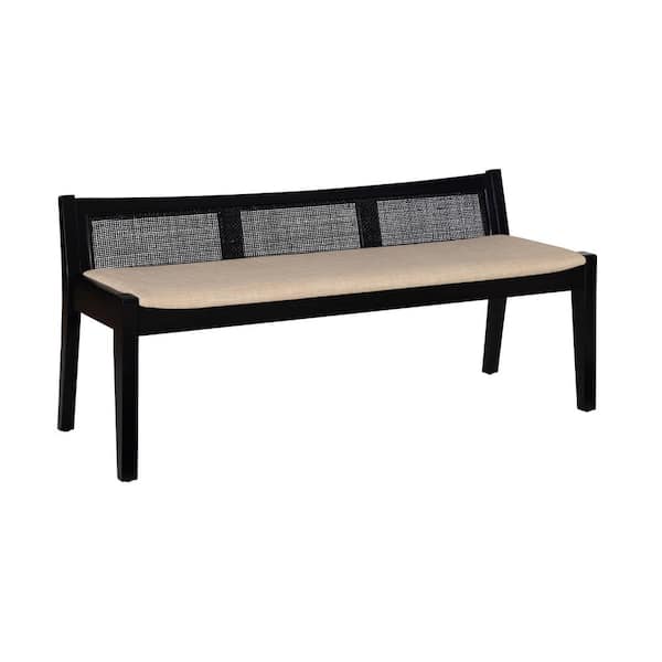 Linon Home Decor Tara Black 52.36 in. W Cane Rattan Back Bedroom Bench with Beige Upholstered Seat