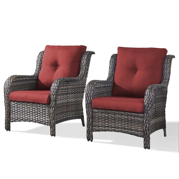 Pocassy Gray Wicker Outdoor Patio Lounge Chair with CushionGuard Red Cushions (2-Pack)