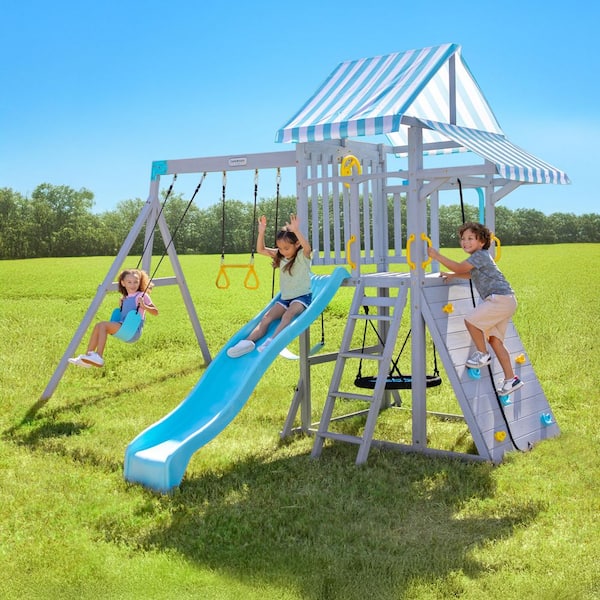 Teamson Kids Everett Plus Swing Set Playset with Platform Rock Wall and Wave Slide Gray