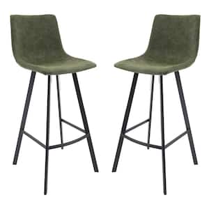 Elland Modern 29.9" Upholstered Leather Bar Stool With Black Iron Legs & Footrest Set of 2 in Olive Green
