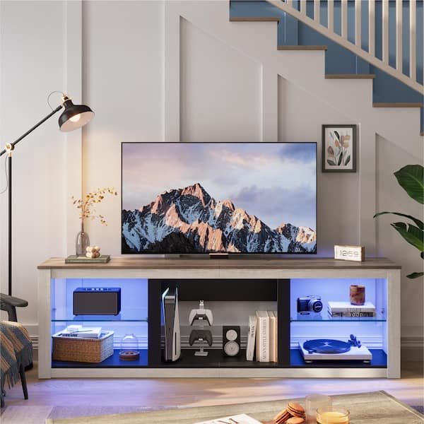 Bestier 71 in. Modern LED TV Stand in Wash White with Open Storage and Adjustable Shelves
