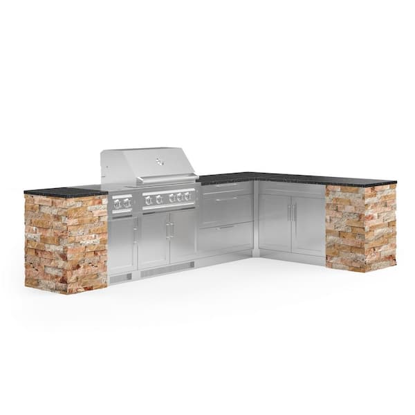 NewAge Products Signature Series Stainless Steel 11-Piece L Shape Outdoor Kitchen Cabinet Set with Liquid Propane Platinum 36 in. Grill