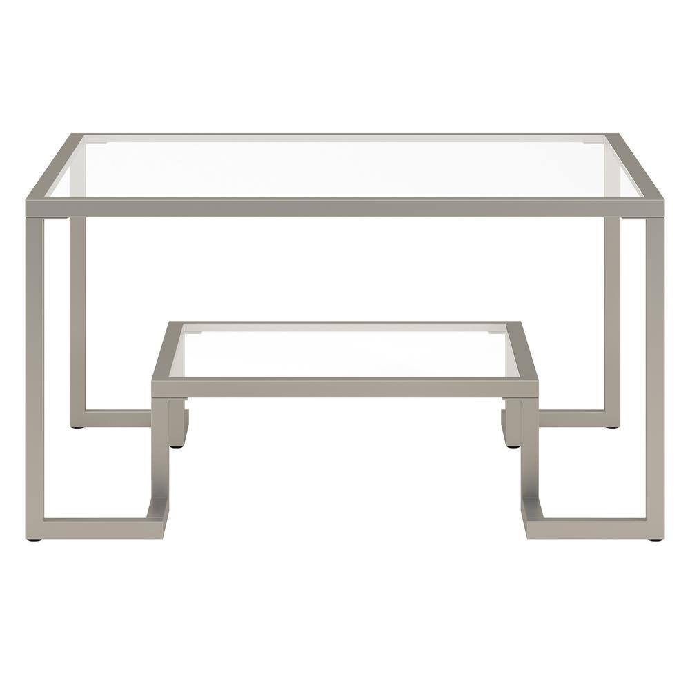Athena 32" Satin Nickel Square Metal Coffee Table with Glass Shelves