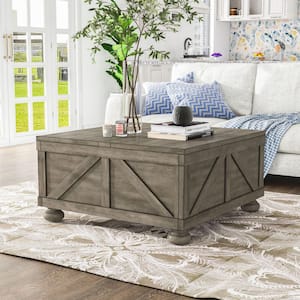 Medrum 36 in. Antique Gray Square Solid Wood Top Coffee Table with Storage