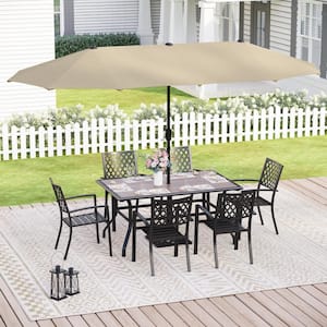 Black 8-Piece Metal Patio Outdoor Dining Set with Umbrella and Wood-Look Table and Elegant Stackable Chairs