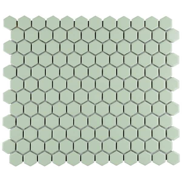 Metro Hex Glossy Green with White Flower Porcelain Mosaic Tile